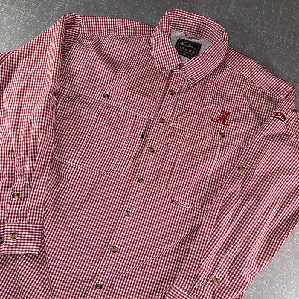 Drake Waterfowl Alabama Crimson Tide Fishing Shirt Mens Large Red Gingham Vented